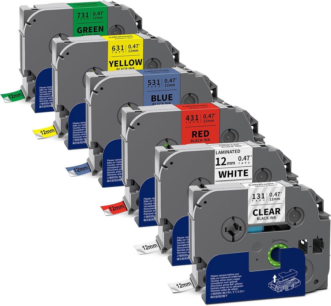 Labelwell 6-Pack TZe 12mm 0.47 Laminated Multi Color Compatible for P Touch Label Tape TZ TZe-231 131 431 531 631 for PTouch PT-H110 D210 D220 PT-H103W, Clear/White/Red/Blue/Yellow/Green
