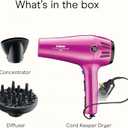 Conair Hair Dryer with Retractable Cord, 1875W Blow Dryer, 3 Heat Settings, 2 Speeds, Blow Dryer with Diffuser and Concentrator Attachments, Ionic + Tourmaline Technology, Pink
