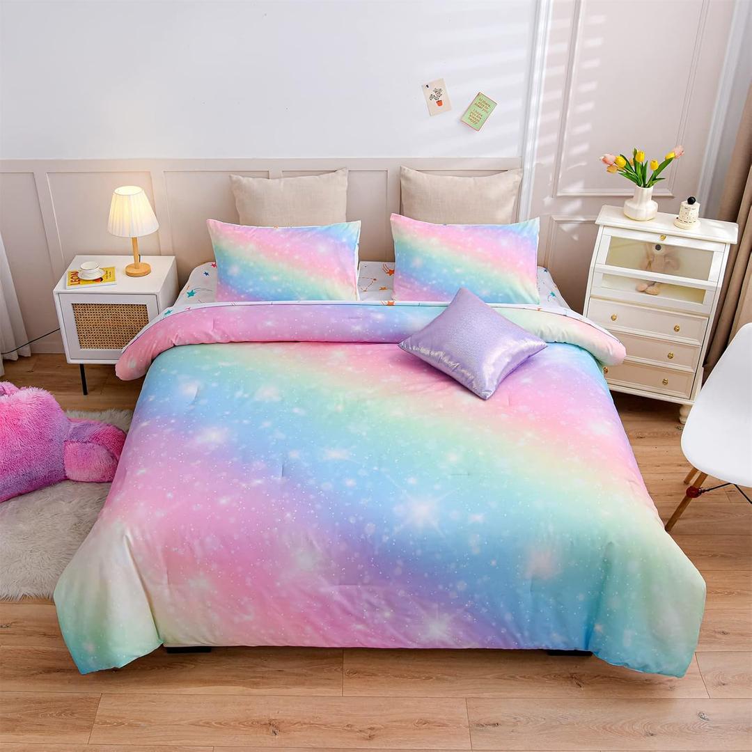 A Nice Night 6Pcs Gradient Glitter Bedding Set for Girls Twin Size, Colorful Rainbow Galaxy Comforter Set, Ultra Soft Bedding Sets, Pink
