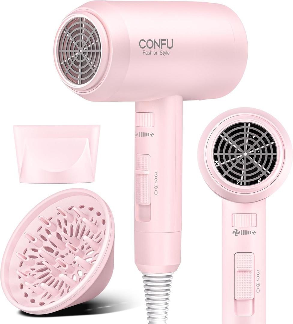Hair Dryer with Diffuser, CONFU Hair Dryers for Women, Blow Dryers for Men, Hairdryer with Diffuser Attachment, Portable Lightweight Fast Drying Negative Ion Hairdryer for Home (Pink)