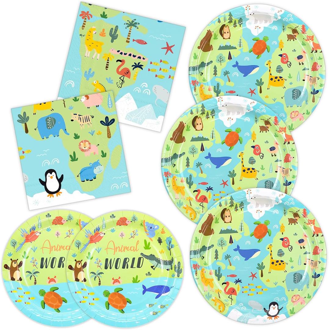 DYLIVeS Animal World Map Paper Dinner Dessert Plates, Luncheon Napkins Safari Woodland Atlantic Blue Ocean Animals Birthday Party Supplies for Boys Baby Shower Birthday Party Decorations, Serve 50