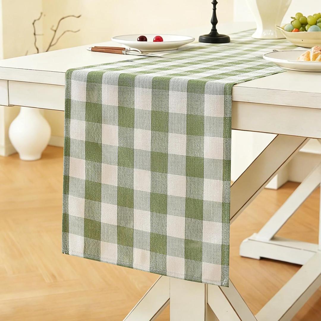 Laolitou Spring Green Checkered Table Runner, Cotton Linen Gingham Table Runners, Classic Buffalo Plaid Farmhouse Table Decor, 13x72 Inches