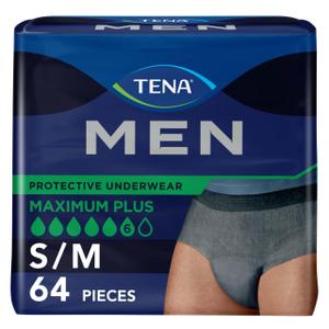 TENA Incontinence Underwear for Men, Maximum Plus Absorbency, Cottony-Soft Fabric, Men's Underwear for Bladder Control, Small/Medium, 64 ct (Packaging May Vary), (4x16)