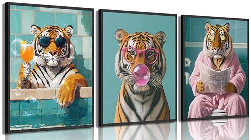3Pcs Funny Tiger Bathroom Canvas Wall Art Trendy Preppy Tiger Bathroom Wall Decor Prints Fashion Sunglasses Animal Toilet Paintings Pictures for Washroom Toilet Home Decoration 12x16in Unframed