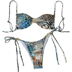 Verdusa Women's 2 Piece Leopard String Bikini Set Cheeky Swimsuits Hawaiian Outfits (Medium, Multicolor)