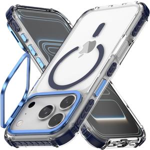 Nvollnoe for iPhone 17 Pro Case Compatible with MagSafe Military Grade Shockproof Heavy Duty Protective Adjustable Kickstand Ultra Clear Magnetic Phone Case for iPhone 17 Pro, Pack of 2, Clear Blue, Clear Orange