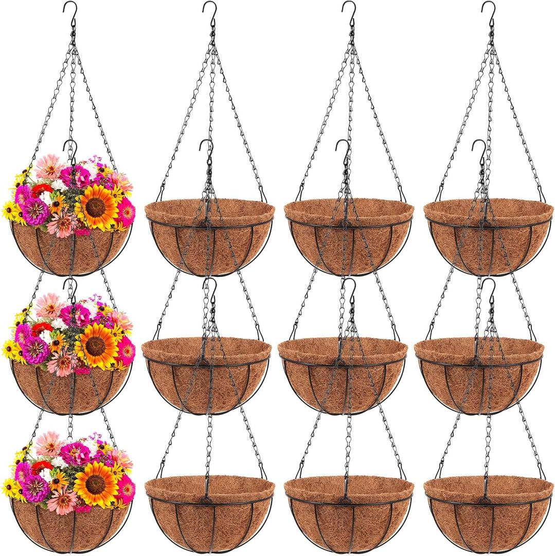 Dandat 12 Pack 14 Inch Metal Hanging Planter Basket with Coconut Coir Liner Metal Wire Plant Holder Chain Watering Outdoor Hanging Pots Flower Pot Hanger for Porch Indoor Outdoor Garden Decorations