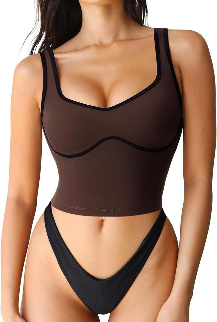 SUUKSESS Women Sweetheart Neckline Longline Sports Bra Padded Basic Workout Crop Tank Top (X-Large, Dark Brown)
