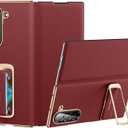 Magnetic Leather Case for Samsung Galaxy Z Fold 6 with Rotating Kickstand & Wrist Strap, Premium Vegan Leather & Full Hinge Camera Protection, All-Around Shockproof Protection Cover, Red