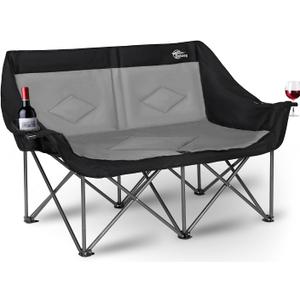 2 Person Camping Chair Camping Loveseat Oversized Double Folding Camping Chair Heavy Duty Two Person Camp Chair Love Seat Dou Chairs Sport Lawn Chair for Adults (Black & Grey)