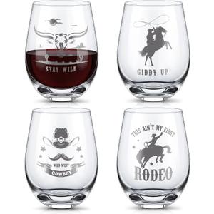 4 Pcs Western Horse Stemless Wine Glass Set, 14 oz Red White Wine Glasses, Western Horse Themed Gift for Use, Hosting, Home Bar, Evening Party, Birthdays, Shower, Housewarming
