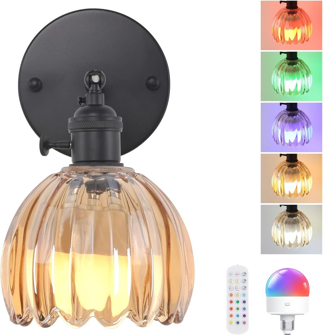 Vintage Battery Operated Wall Sconce with Amber Tulip Glass Lampshade Wireless Rechargeable Battery Powered Black Wall Light with Remote Control for Bedside Bedroom Doorway