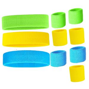 9 Pcs Sweatbands Set Neon Colors Headbands and Wristbands for Men Women Moisture Wicking Sweat Absorbing Workout Cotton Headbands 80s 90s Party