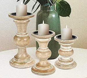 Handcrafted in India, Candle Stands Wooden for Pillar Candles,Rounded Turned Colums, Sustainable Woods, Country Style, Ideal for Reiki, Aromatherapy, Votive Candle Gardens Home décor - 10,8,6 Inch Set of 3 - White Wash