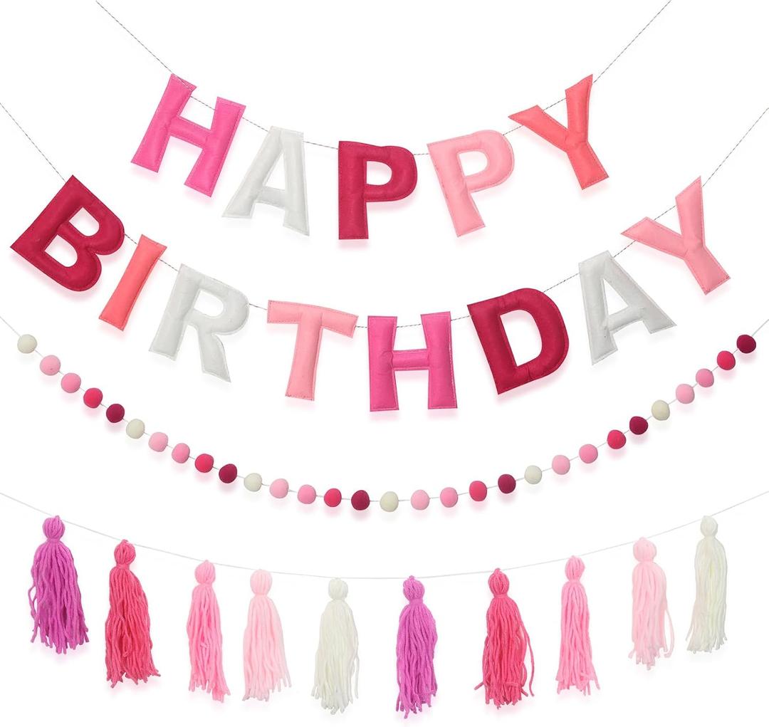 Pre-Strung Happy Birthday Banner Felt Ball Garland Banner Sign for Pink Birthday Party Decorations Mermaid Party Decor