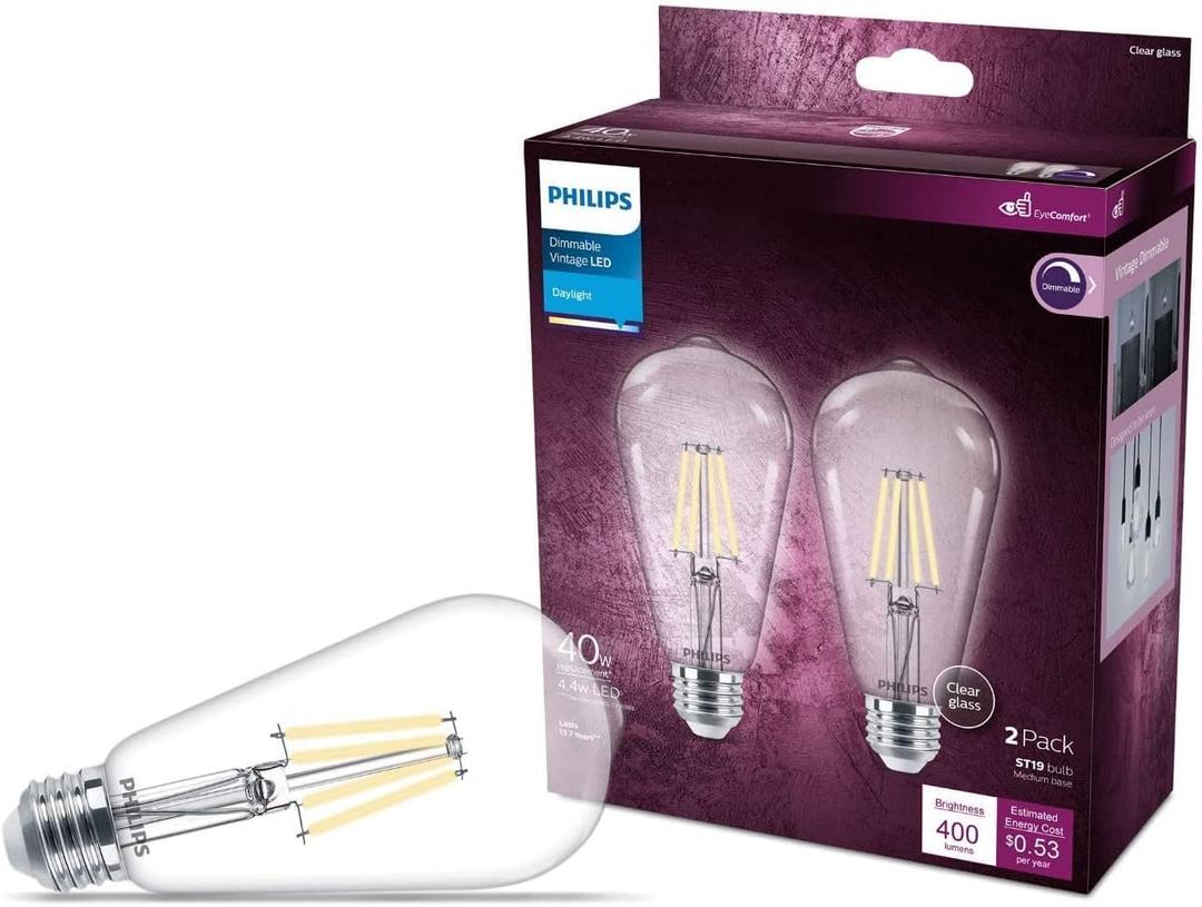 Philips LED Vintage Flicker-Free Clear Straight ST19 Dimmable, Eyecomfort Technology, 400 Lumen, Daylight(5000K), 4.4W=40W, Title 20 Certified, E26 Base, 2-Pack (564864)