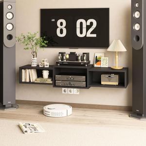 IBUYKE Floating TV Stand Wall Mounted with Power Outlet,Modern Wood Wall Mounted Media Console Shelf,Floating Entertainment Center for Under TV Storage for Living Room Bedroom Office,Black WST001B-