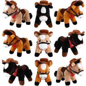 9 Pack Horse Stuffed Animals 4 Inch Mini Plush Toy Standing Plush Horse with Cowboy Hat and Bandana Detachable Chain for Animal Theme Birthday Christmas Party Decor Supplies(Dark Colors) (Light Brown, Dark Brown, Black)