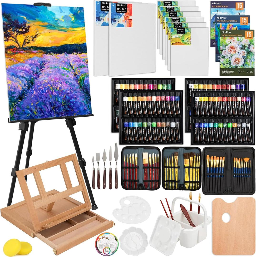 Nicpro 158PCS Deluxe Art Painting Kit with Metal and Solid Beech Wood Easel, Acrylic, Oil & Watercolor Paint Set, Paint Brushes, Canvas, Palette, Paper Pad, Professional Art Set for Adults Artist, 11 X 14 , 8 X 10