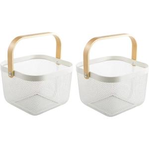 2 Pack Metal Mesh Steel Basket, Storage Organizer Basket Multi-function Hanging Kitchen Baskets Fruit Basket Bin with Wood Handle for Kitchen Bathroom Picnic Cabinet Home Decor, White