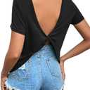 Women's Twist Backless Short Sleeve T Shirts Tops Round Neck Curved Hem Casual Workout Tee T-Shirts, Size XXL