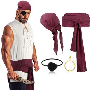 Boyiee Adult Pirate Costume Men Medieval Renaissance Shirt Pirate Bandana Sash Belt for Carnival Cosplay Party(White,XX-Large)