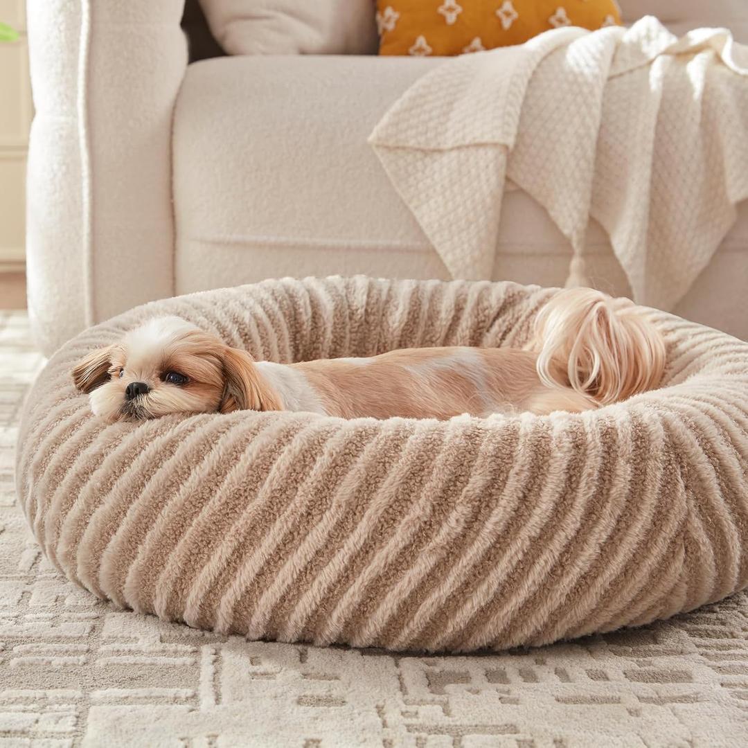 MIXJOY Dog Beds for Small Dogs Cats, Washable Small Dog Bed with Removable Cover, Donut Cat Bed for Indoor Cats, Calming Fluffy Round Pet Beds with Anti Slip Bottom, Cute Puppy Beds, Beige, Small(23"Lx23"Wx8"Th)