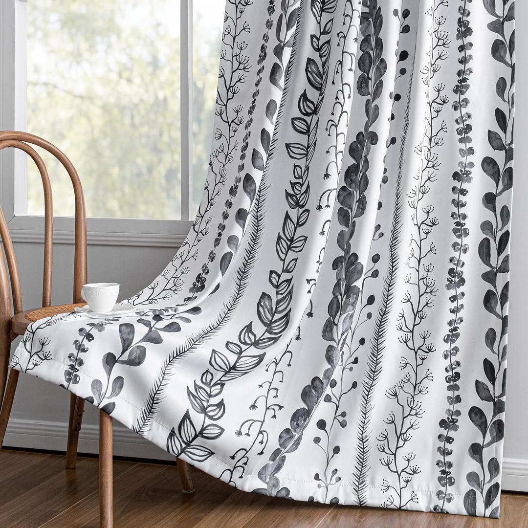 MEETSKY Boho Blackout Leaves Patterned Curtains 72 Inch Long 2 Panels Set for Bedroom, Room Darkening Dark Grey Drapes for Living Room, Thermal Insulated Rod Pocket Back Tab Window Treatment, 50"Wide