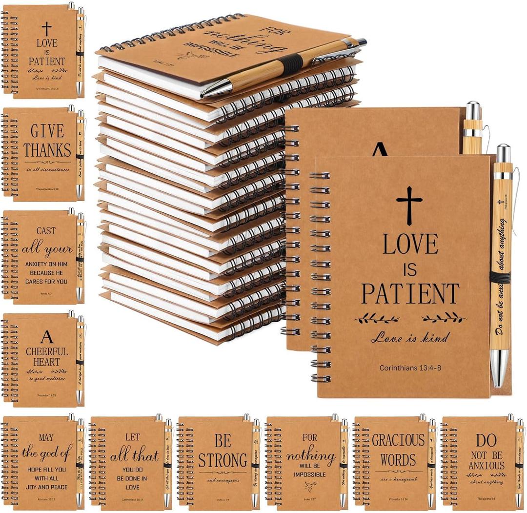 30 Christian Bible Notebooks with 30 Pens, Spiral Journal Bulk Prayer Notes Christian Religious Gifts for Family Friends Colleagues (Brown)