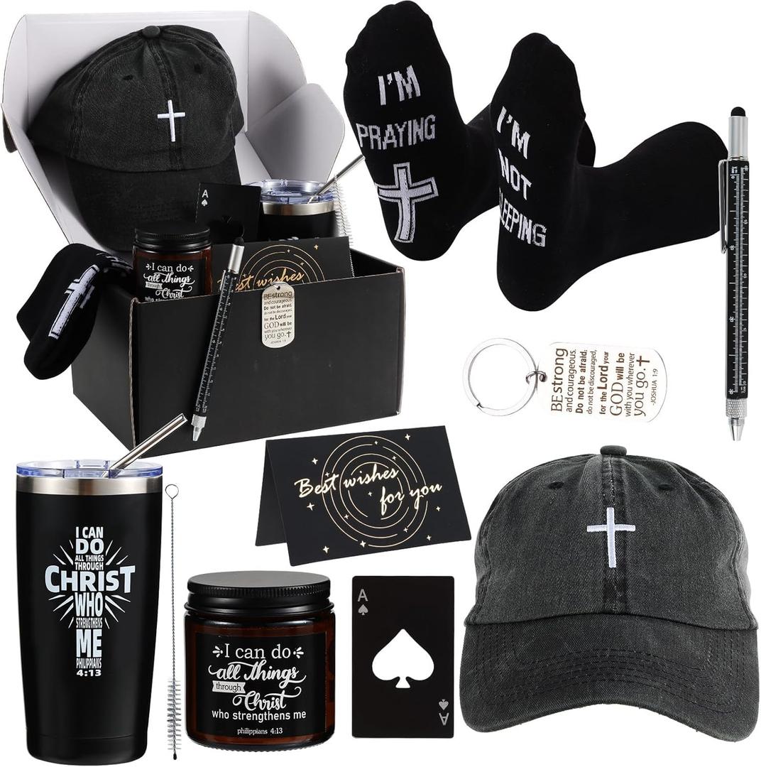 Kolewo4ever 9 Pcs Christian Gifts for Men Religious Gifts for Dad Inspirational Gift Set for Father Spiritual Religious Catholic Gift Box for Male Friends Co Workers
