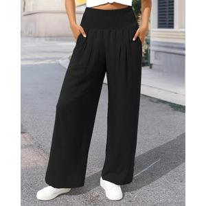 Women Long Pants Wide Leg High Waist Lounge Beach Travel Vacation Outfits Dark Black XL