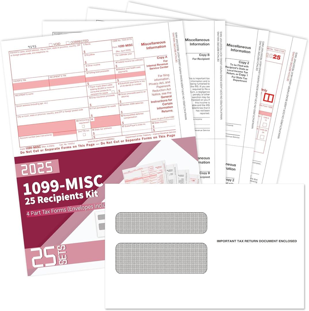 1099 MISC Forms 2025, 4 Part Tax Forms Kit, 25 Vendor Kit of Laser Forms Designed for QuickBooks and Accounting Software, 25 Self Seal Envelopes Included