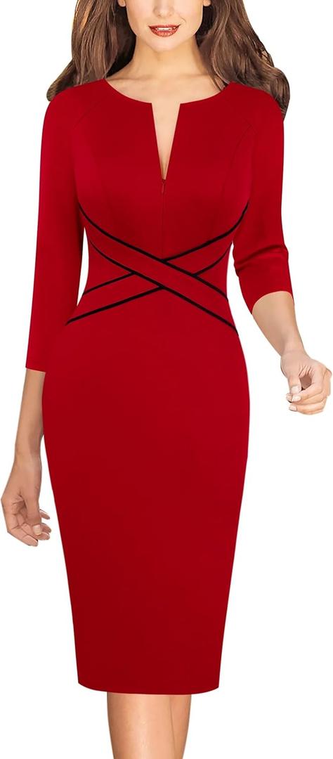 VFSHOW Womens Wear to Work Slim Colorblock Crisscross Waist Front Zipper Business Party Office Bodycon Pencil Sheath Dress (Small, Red)