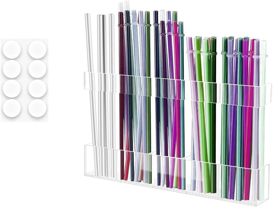 2 x Acrylic Straw Holder for Cabinet Door  9.8" Adjustable 2-Part Straw Organizer & Dispenser, Clear Adhesive Mount Kitchen Organizer for Countertops, Cupboards, and Coffee Bar Storage