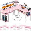 Unikito Reversible L Shaped Desk with Magic Power Outlets and USB Charging Ports, Sturdy Corner Computer Desk with Storage Shelves, Gaming Table Home Office Desk, Easy to Assemble, Pink, 42.5" W X 50.4" L X 29" H