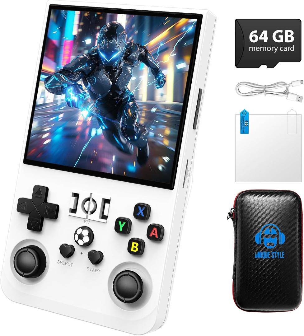 R36MAX Retro Gaming Console, Retro Handheld Games Console with 64GB TF Card, Portable Hand Held Open Source Linux System, 4.0 inch IPS HD Screen Video Game Consoles, 4000mAh Battery (Light White)