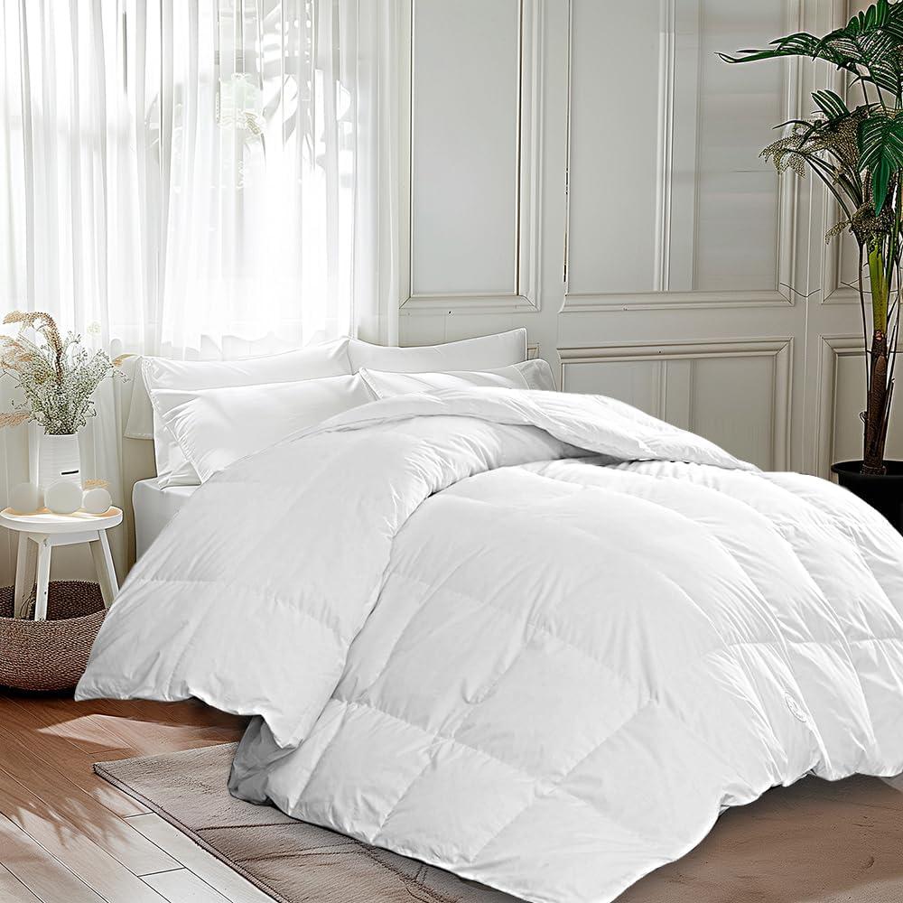Martha Stewart Luxurious Goose Feathers Down Fiber Comforter Twin Size 100% Cotton Duvet Insert, Hotel Quality Hypoallergenic Comforter, 38 oz Light Warmth 68 x 90 Inch White