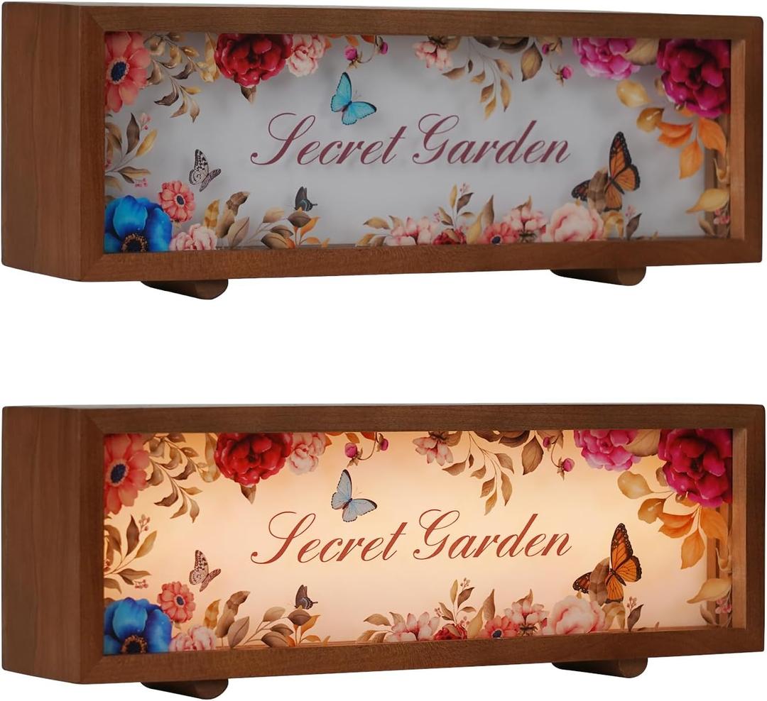 Wooden 3D Pattern Shadow Box, 12"x4" Seasonal Holiday Home Decor Display Cases with Replaceable Acrylic Pictures, Dimmable Touch Table Lamp, Ideal Gift for Friend Kids Family- Secret Garden