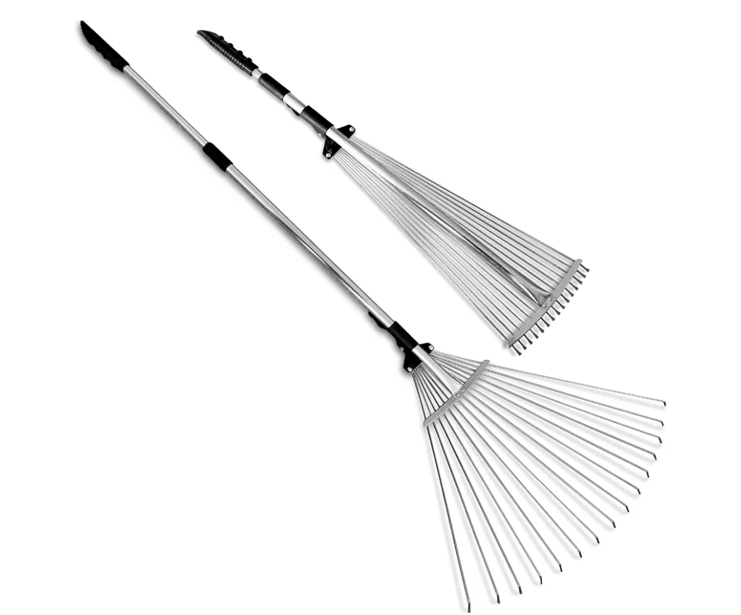 Adjustable 32 to 63 Inch Extendable Metal Tool for Lawn Care - Collapsible Garden Design with Steel Tines, Tight Spaces & Yard Debris Handling, Non-Slip Ergonomic Handle