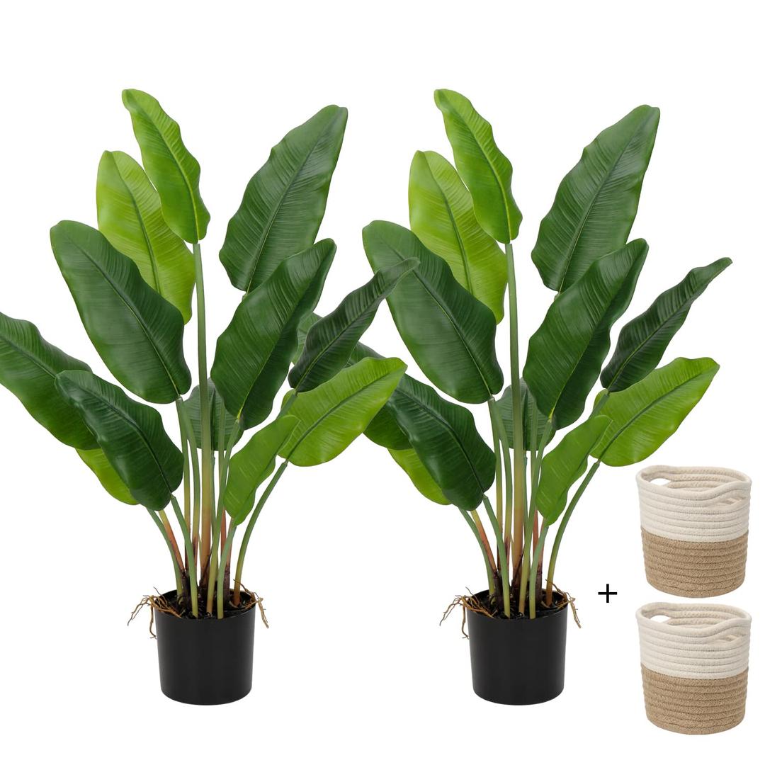 Hollyone 2pcs Large Artificial Bird of Paradise Plant in Pot, 30" Fake Palm Tropical Ferns Potted Plants, 2.6ft Faux Plantain Banana Leaf Plant for Indoor Outdoor Home Garden Decoration