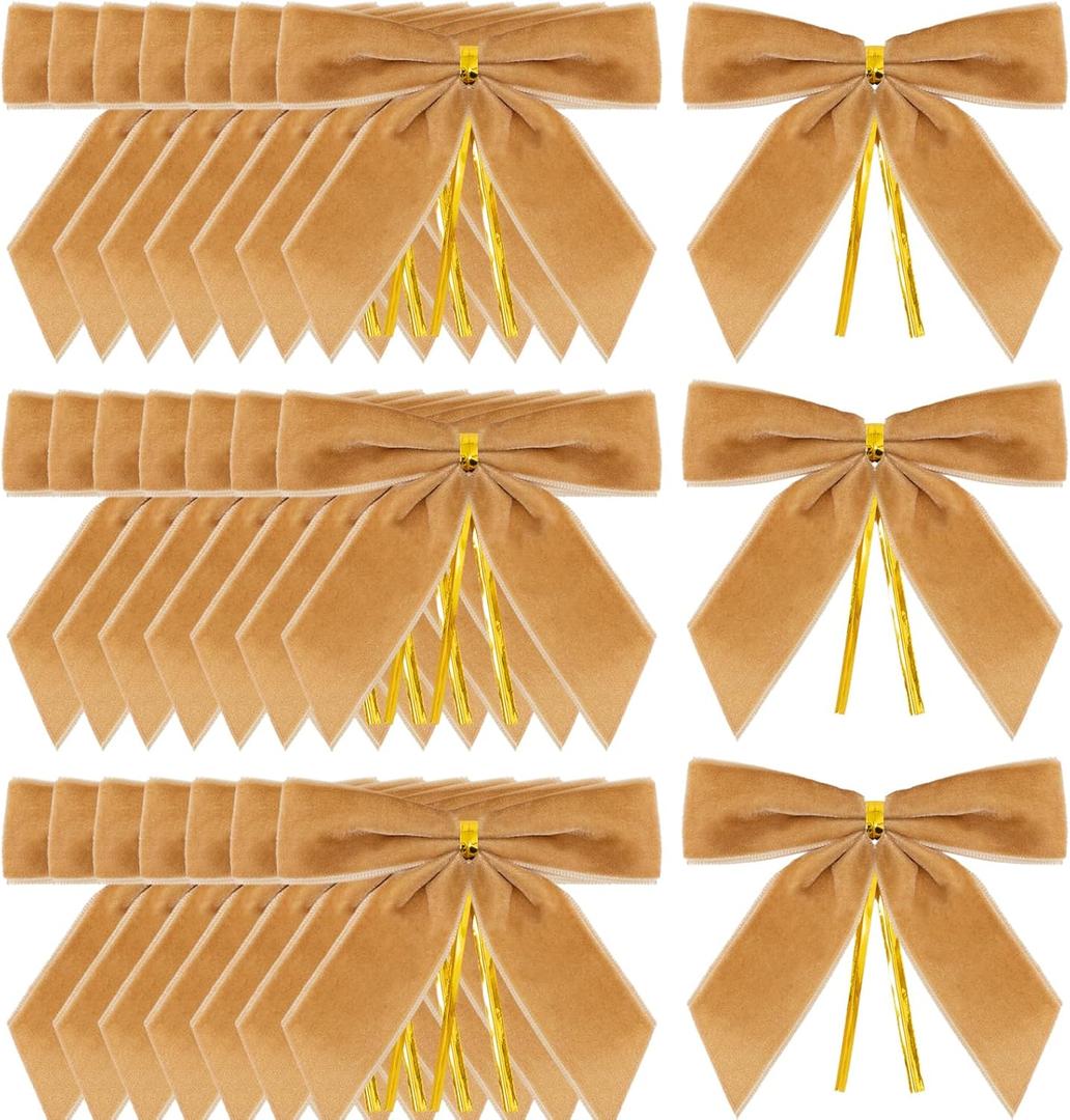 Gloreyan 24Pcs Christmas Velvet Bows, 3.5 Inches Xmas Velvet Ribbon Bow with Twist Tie Decorative Bows Ornaments for Christmas Tree Wreath DIY Craft Gift Wrapping Decoration Party Supply (Khaki)