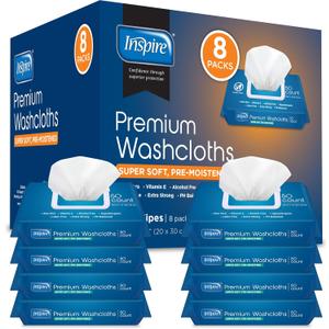 Inspire Adult Wet Wipes, Wash Cloths, Incontinence & Cleansing for Elderly Extra Large, 8"x12" (Pack of 8)
