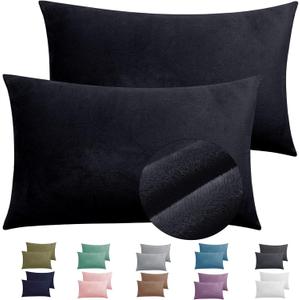 2 Pack Zippered Velvet Queen Pillowcases, Super Soft and Cozy Luxury Fuzzy Flannel Pillow Cases with Zipper, 20x30 Inches, Black