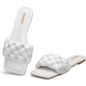 ATHMILE Braided Womens Sandals 2026 Square Open Toe Fashion Slide Sandals Women Dressy Summer Flat Beach White Size 9