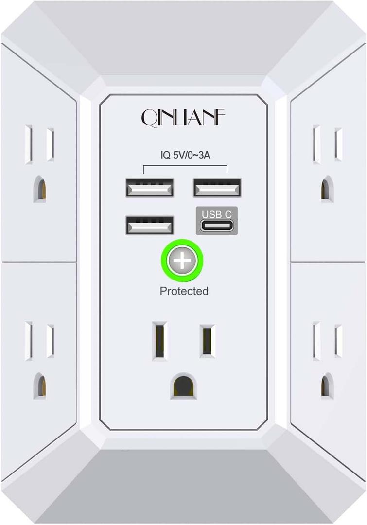 Wall Charger, Surge Protector, QINLIANF 5 Outlet Extender with 4 USB Charging Ports, 3-Sided 1680J Power Strip Multi Plug Adapter Spaced for Home Travel Office (White)