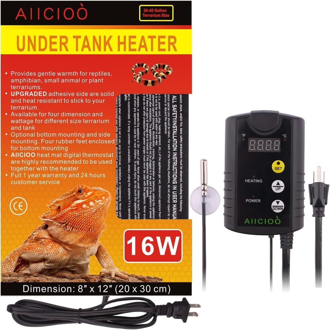 Aiicioo Under Tank Heater Thermostat - Reptile Heating Pad with Temperature Control Reptile Heat Mat for Combo Set for Hermit Crab Lizard Terrarium 16W,8" X 12"(16W) with Thermostat