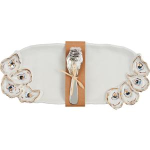 Mud Pie Layered Oyster Hostess Set; tray 6" x 14 1/2" | spreader 5 1/2"
