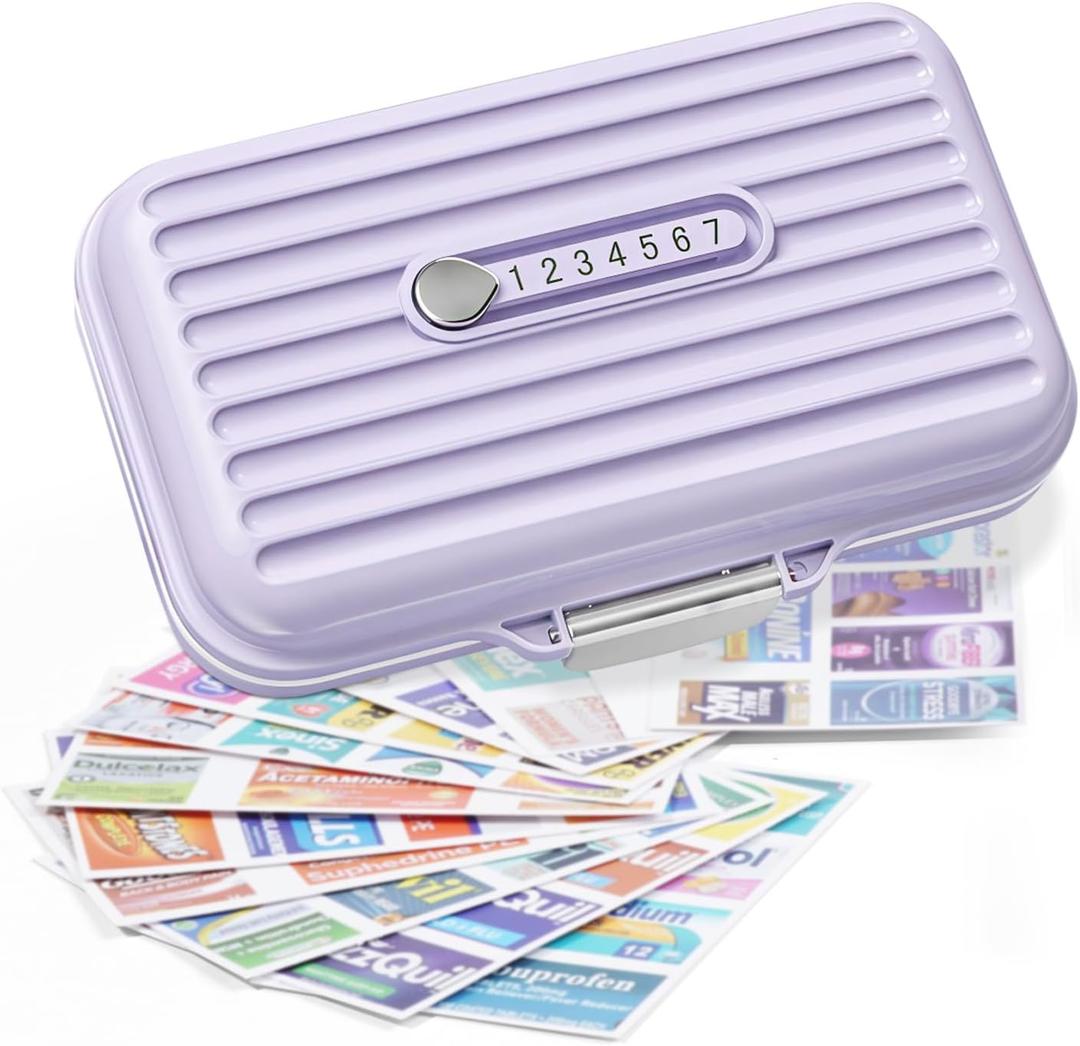 Travel Pill Organizer Box with Medicine Labels, 7 Compartments Portable Pill Case, Daily Medication Organizer Storage Pill Container for Pocket Pharmacy(Purple, L)