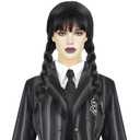 ANOGOL Hair Cap+ Black Braided Wig With Bangs for Women Long Straight Pigtails Wig for Women Synthetic Wigs with 2 Pigtails Gothic Costume for Halloween Party