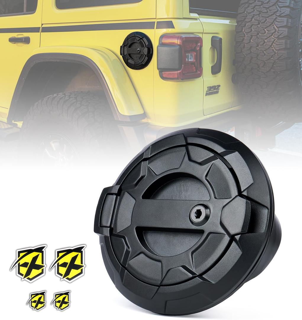 Xprite Gas Tank Cap Cover with Wheel Pattern Design, Aluminum Lock Fuel Door Cover Compatible with Jeep Wrangler 2018-2026 JL & JLU 2 & 4 Door Unlimited, Matte Black (No Keys Included)